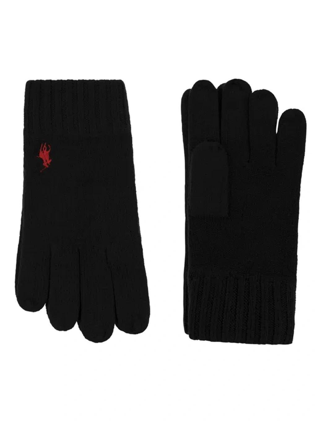 Logo Embroidered Knitted Gloves In Polo Black Product Image