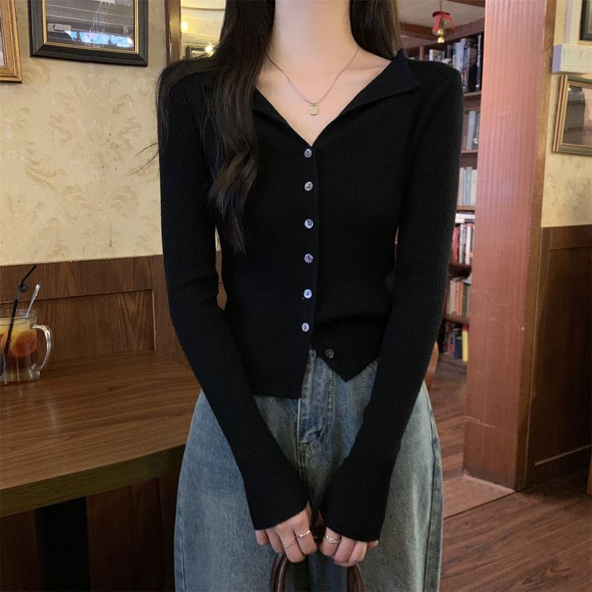 Split Neck Plain Button-Up Crop Cardigan Product Image