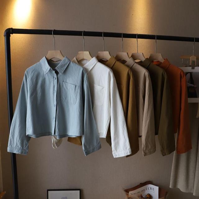 Long-Sleeve Plain Button-Up Crop Shirt Product Image