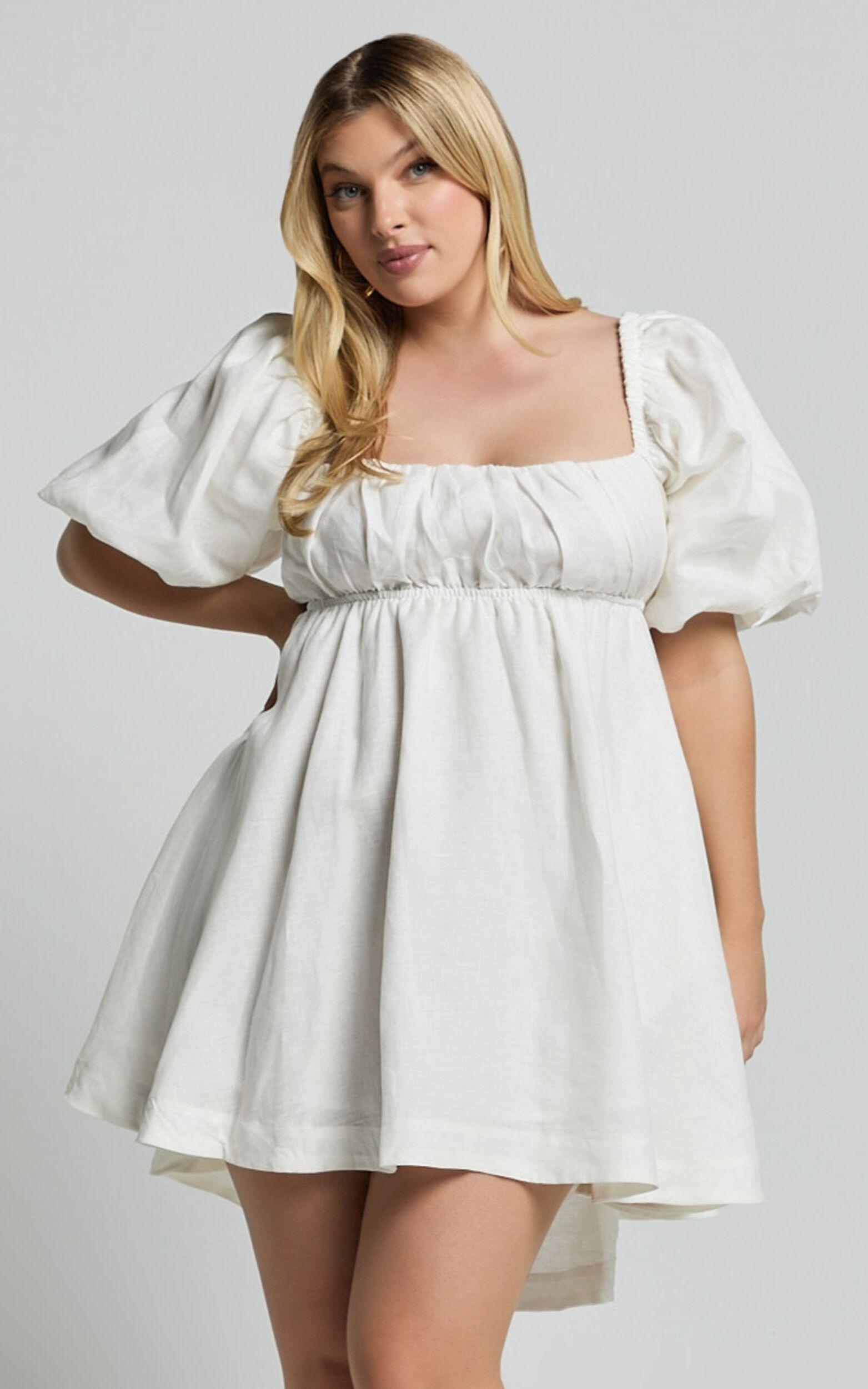 Amalie The Label - Hamyya Linen Tie Back Puff Sleeve Mini Dress in White Product Image