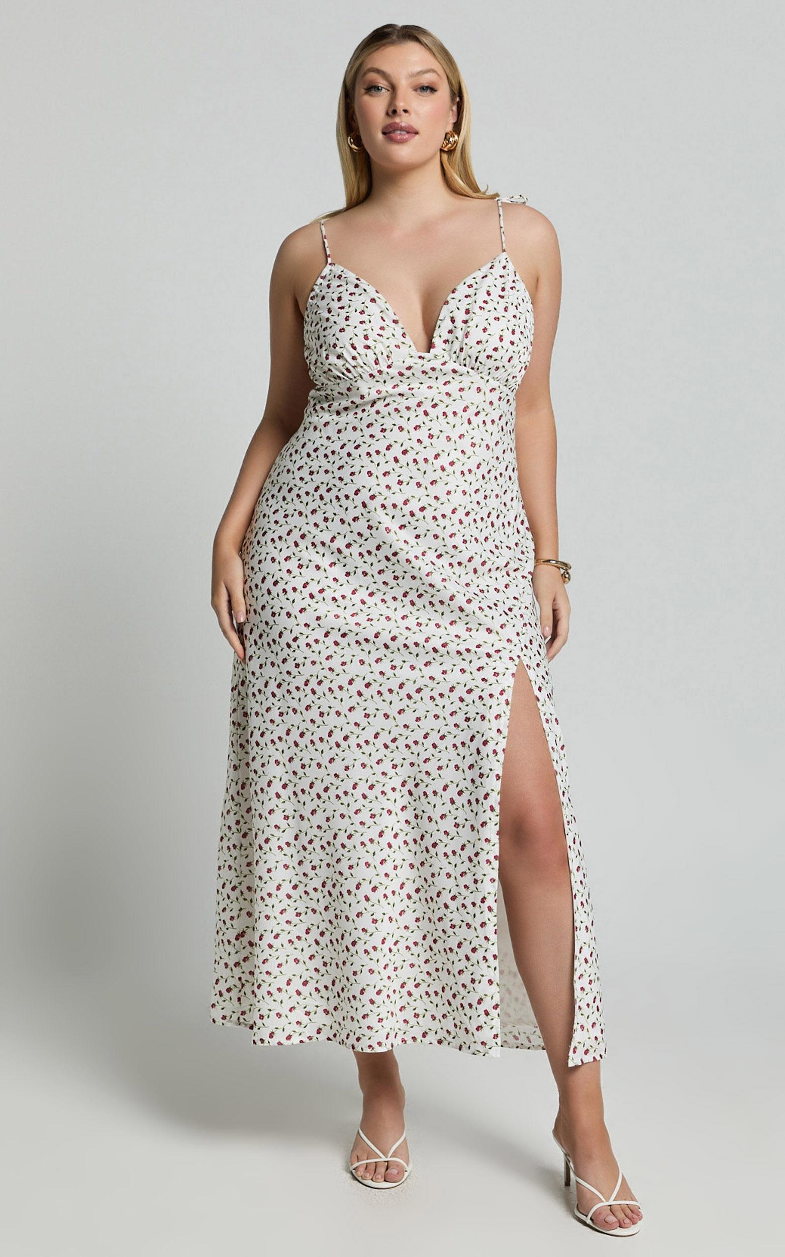 Elle Midi Dress - Ruched Bust Tie Strap Dress in White Floral Product Image