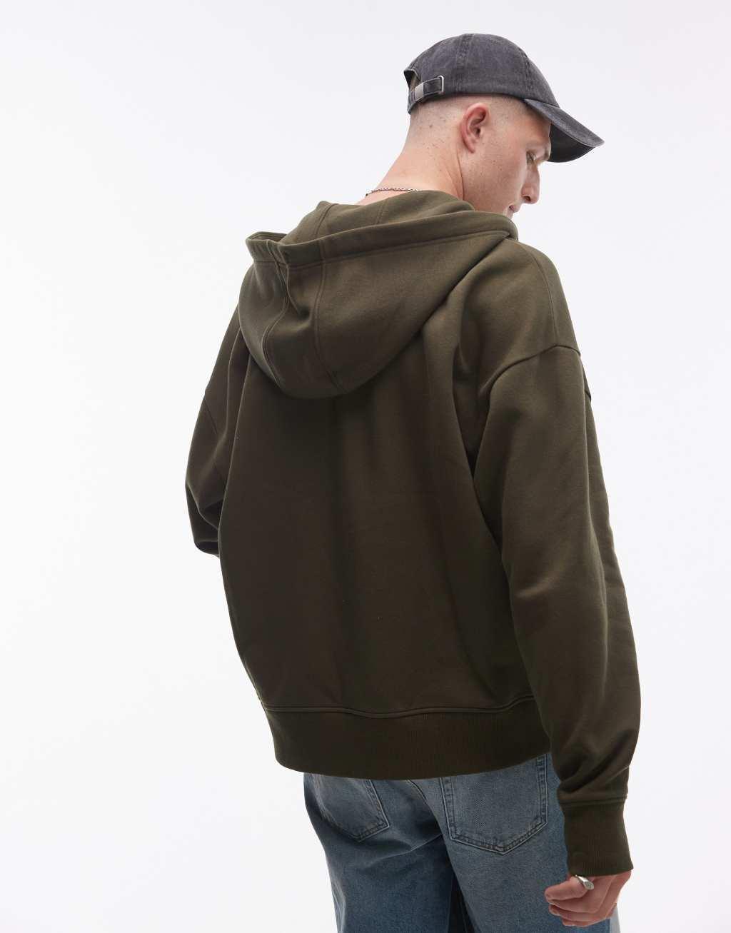 Topman oversized fit full zip hoodie in khaki Product Image