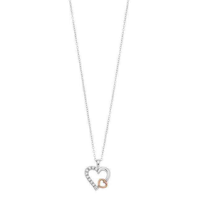 Two Tone 10k Rose Gold Over Silver White Topaz Dual Heart Pendant, Womens Pink Tone Product Image