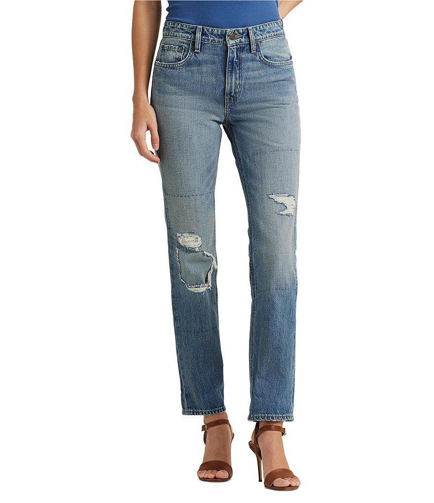 Lauren Ralph Lauren Twill Denim High-Rise Distressed Ankle Jeans Product Image