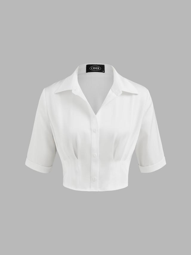 Satin Collar Solid Crop Short Sleeve Shirt Product Image