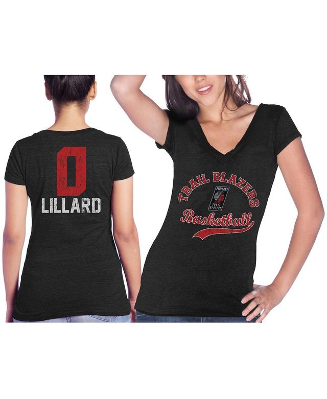 Womens Majestic Threads Damian Lillard Black Portland Trail Blazers Name & Number Tri-Blend V-Neck T-shirt Product Image