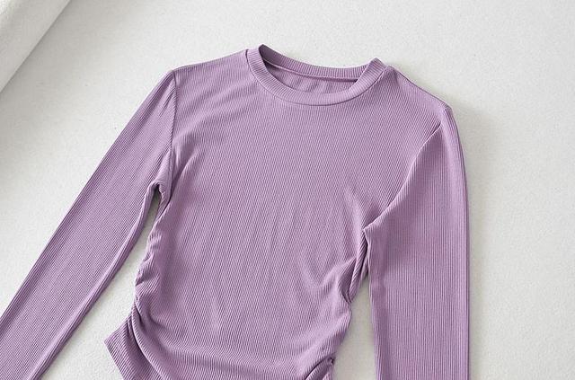 Long-Sleeve Crew Neck Plain Ruchhed Slim Fit Tee Product Image