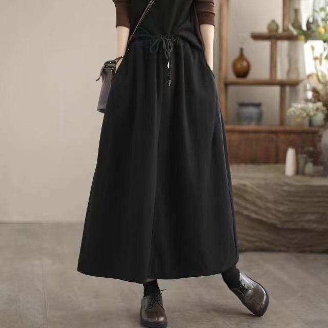 Drawstring Waist Plain Midi A-Line Skirt Product Image