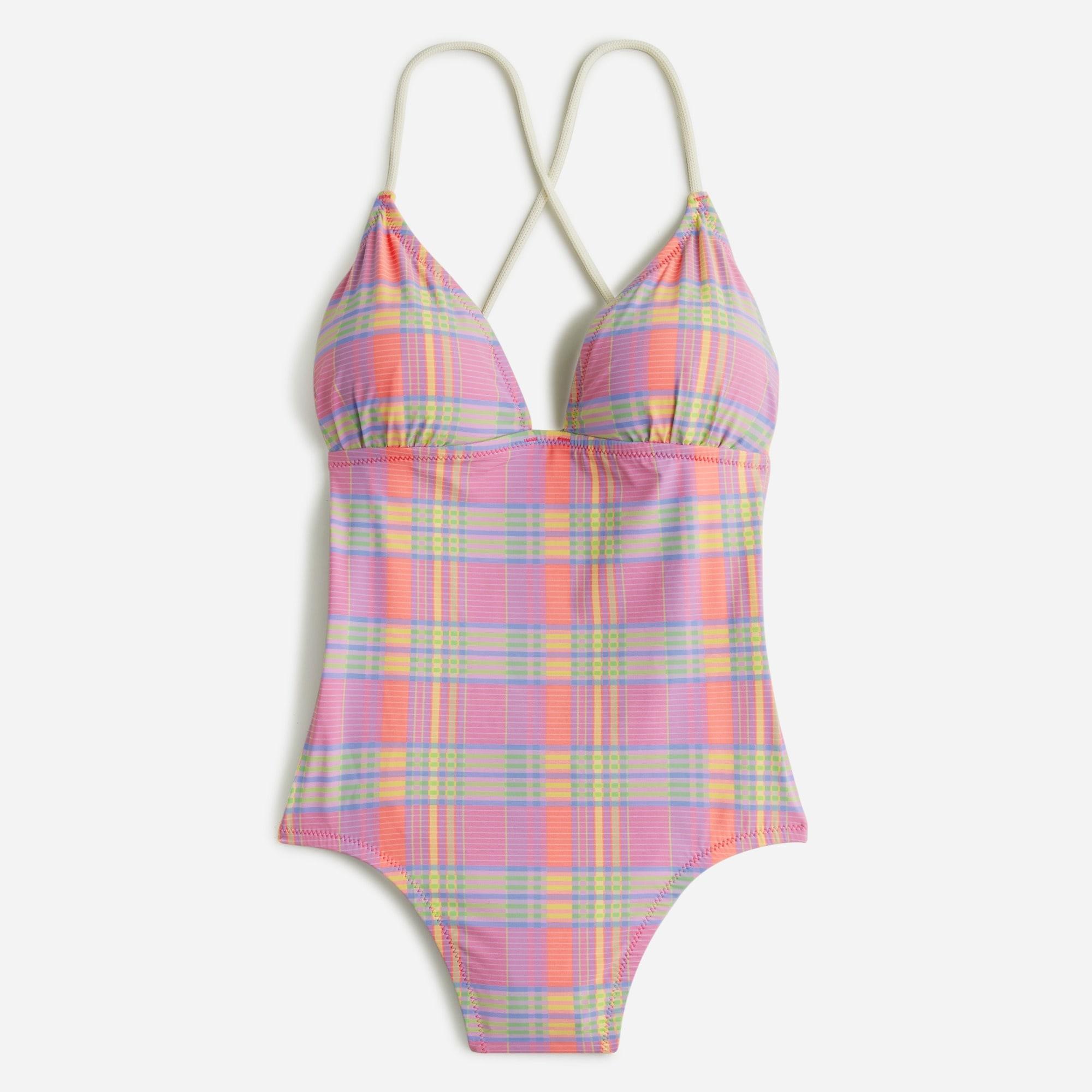 Strappy cross-back one-piece swimsuit in sunset plaid Product Image