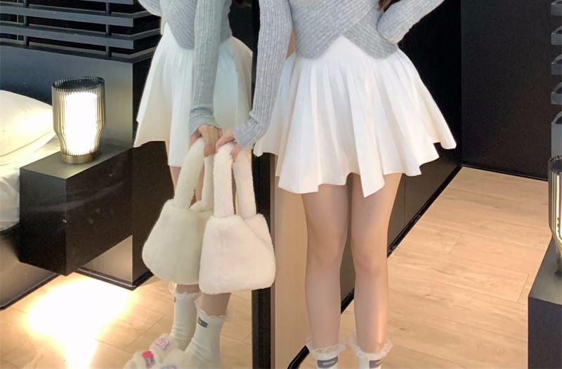 Long Sleeve Mock Neck Plain Ribbed Knitted Crop Top Product Image