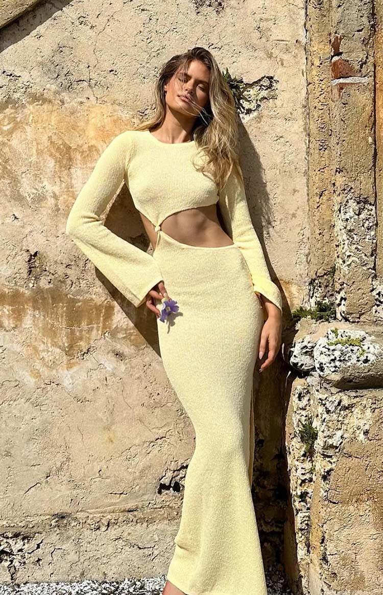 Arya Yellow Long Sleeve Knit Maxi Dress Product Image