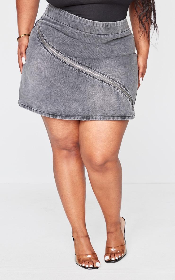 Plus Grey Washed Zip Detail Denim Skirt Product Image