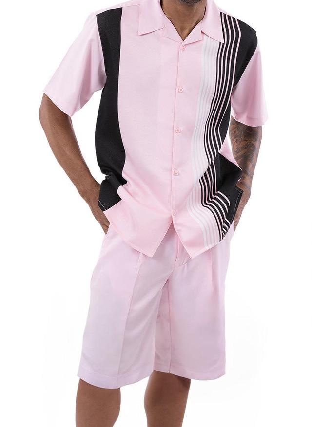 Pink Vertical Stripe Walking Suit 2 Piece Set Short Sleeve Shirt with Shorts Product Image