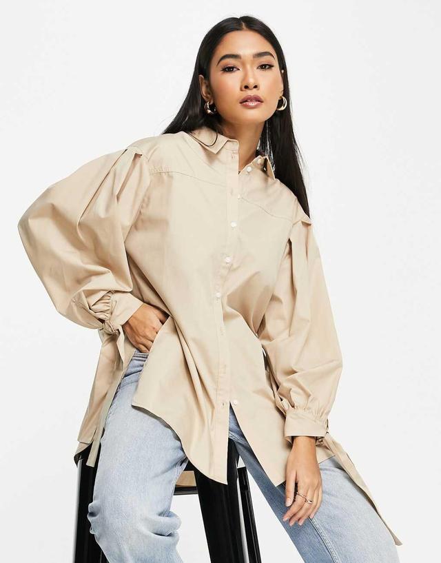 Topshop tie back oversized shirt in camel  Product Image