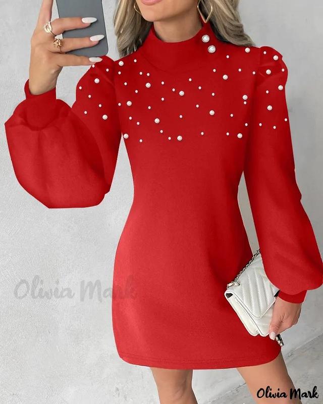 Olivia Mark – Elegantly Embellished Lantern Sleeve Dress with Pearl Accents Product Image