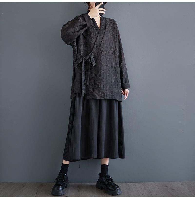 V-Neck Jacquard Tie Front Kimono Jacket Product Image