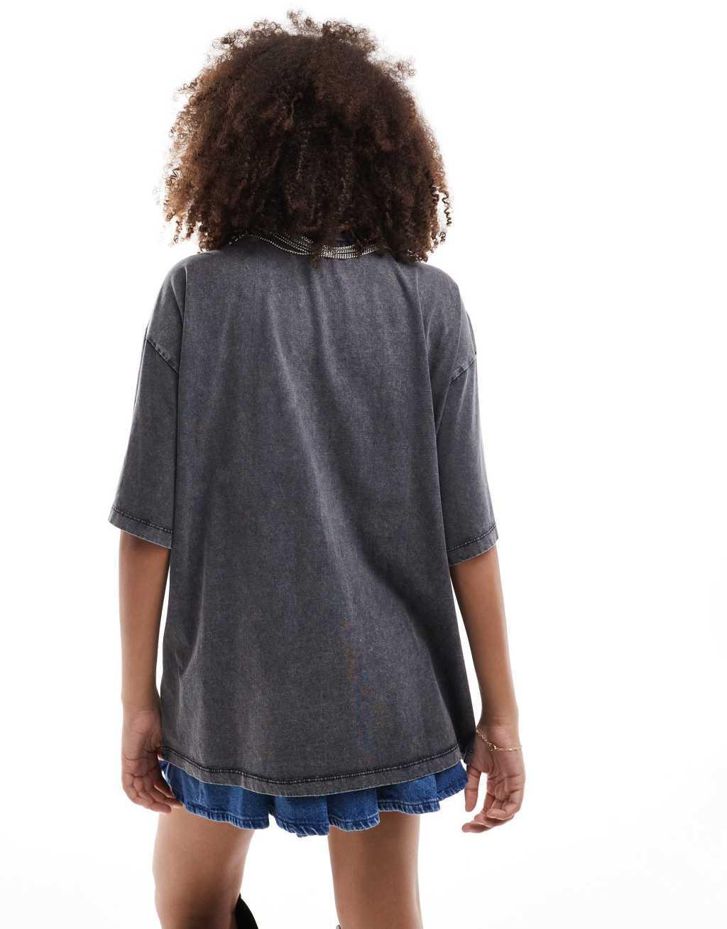 ASOS DESIGN oversized T-shirt with silver embellished necklace in washed charcoal Product Image