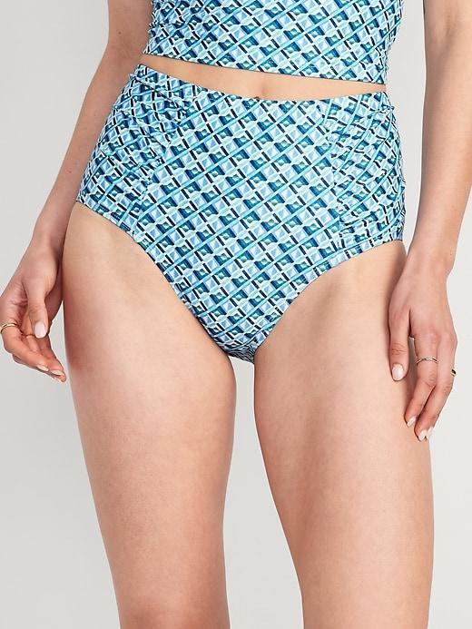 High-Waisted Printed Ruched Bikini Swim Bottoms Product Image