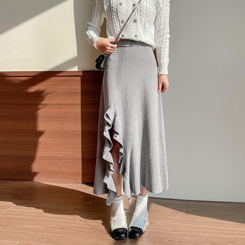 High Rise Plain Ruffle Side-Slit Midi A-Line Skirt Product Image