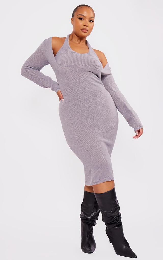 Plus Grey Halterneck Knitted Midi Dress Product Image