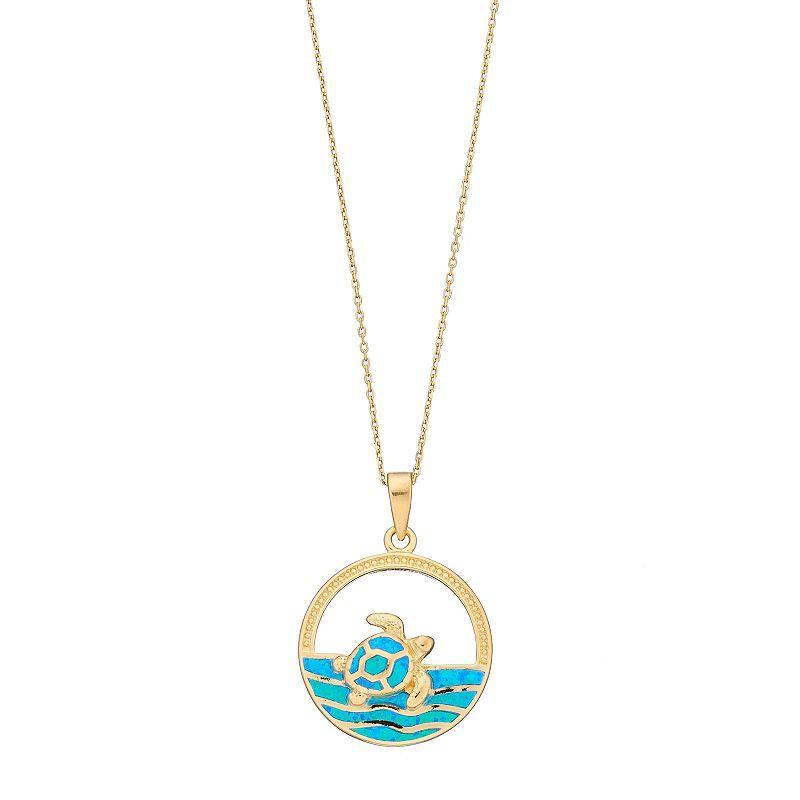 14k Gold Over Silver Lab-Created Blue Opal Turtle & Sea Pendant, Womens Gold Tone Product Image