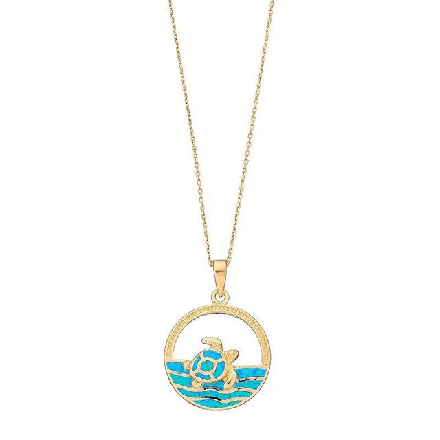 14k Gold Over Silver Lab-Created Blue Opal Turtle & Sea Pendant, Womens Product Image