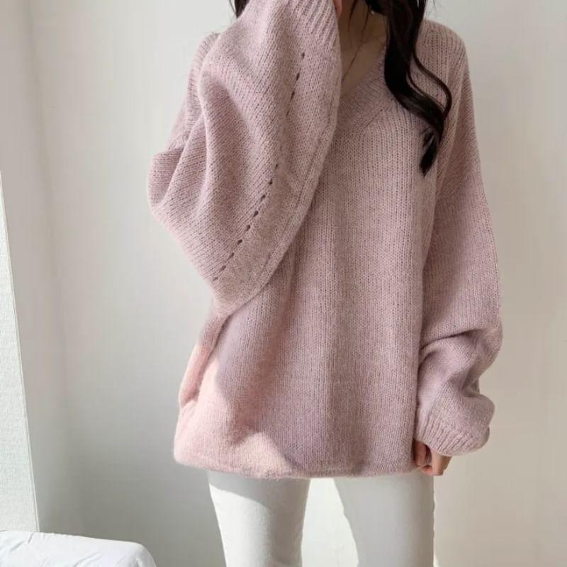 V-Neck Drop-Shoulder Plain Sweater Product Image