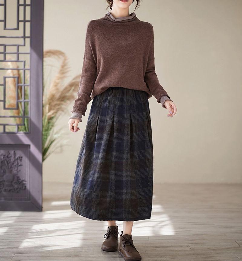 Elastic Waist Plaid Midi A-Line Skirt Product Image