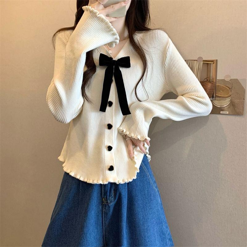 Long-Sleeve V-Neck Bow Heart Button Ribbed Knit Top Product Image