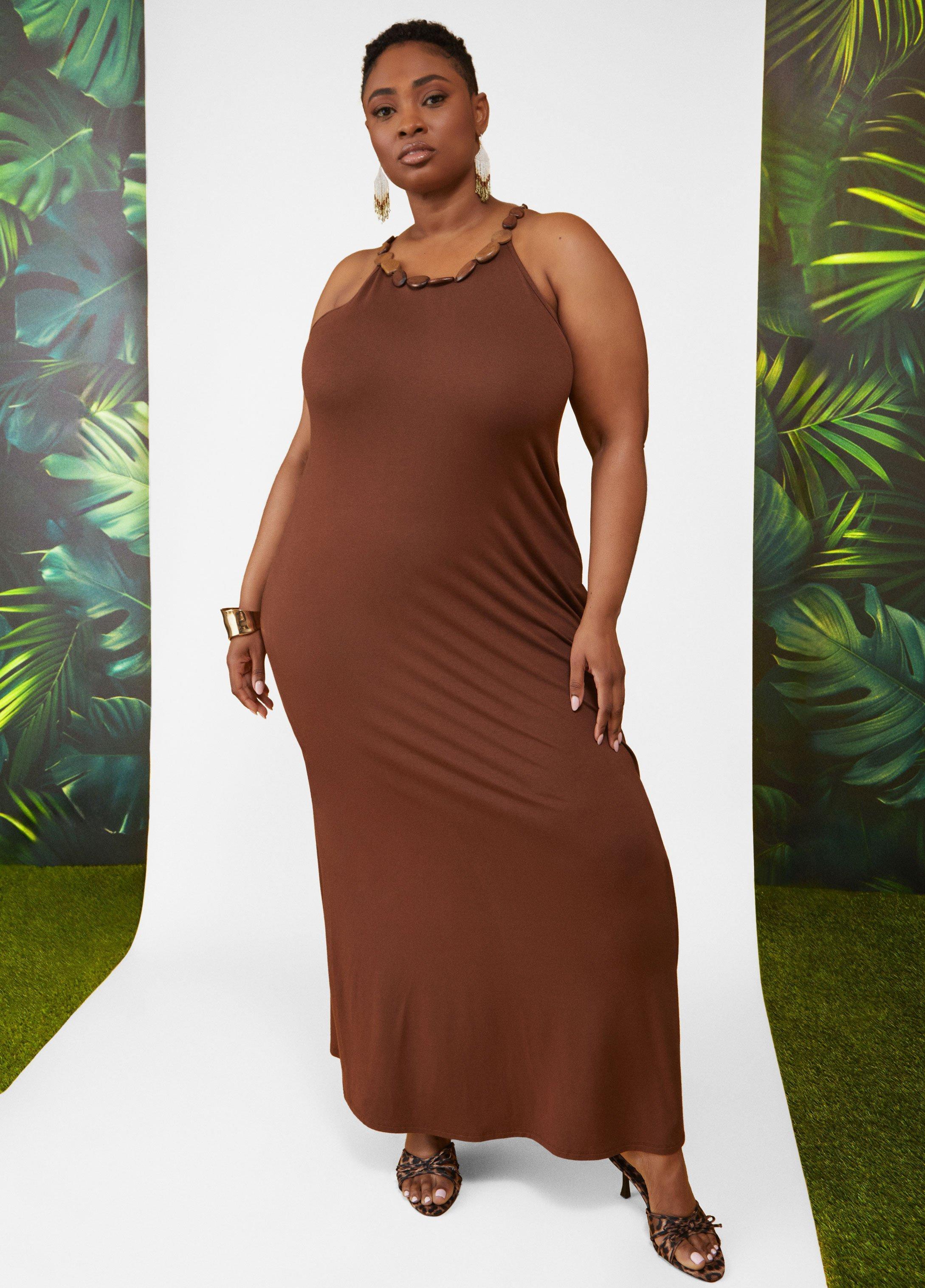 Plus Size Wood Bead Embellished Maxi Dress, - Ashley Stewart Product Image