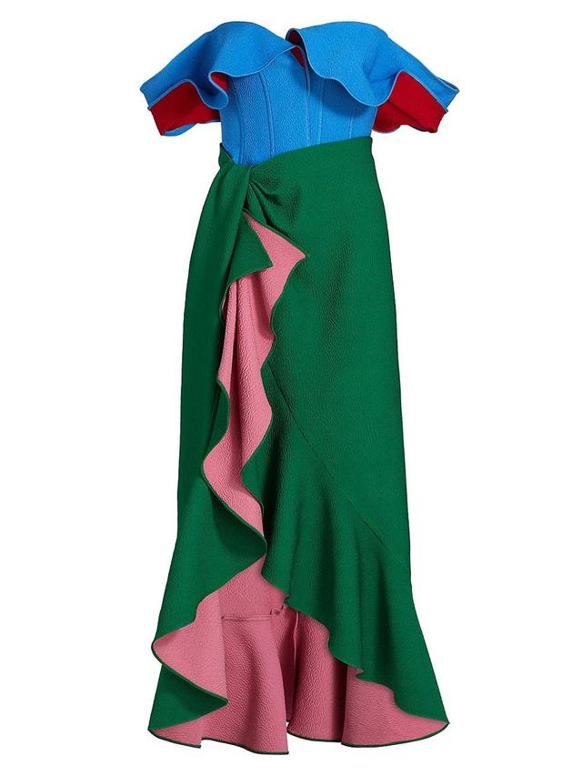 Womens Colorblock Ruffled Off-The-Shoulder Maxi Dress Product Image