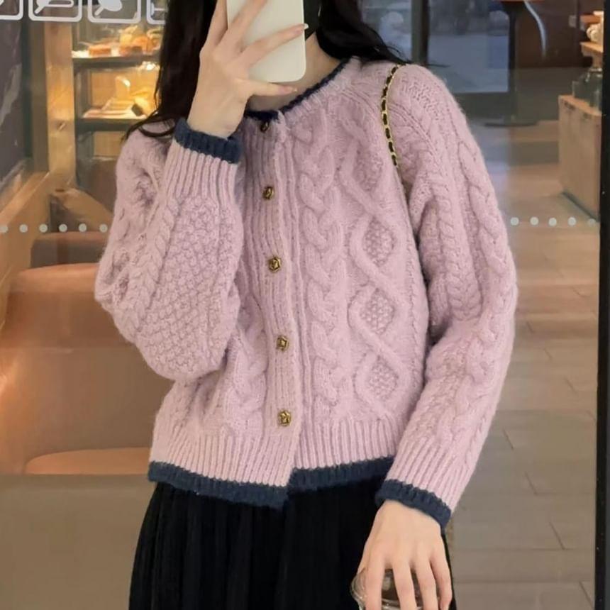 Round Neck Contrast Trim Cable Knit Cardigan product image