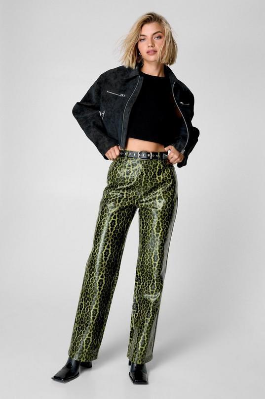 Green Leopard Faux Leather Pant  Product Image