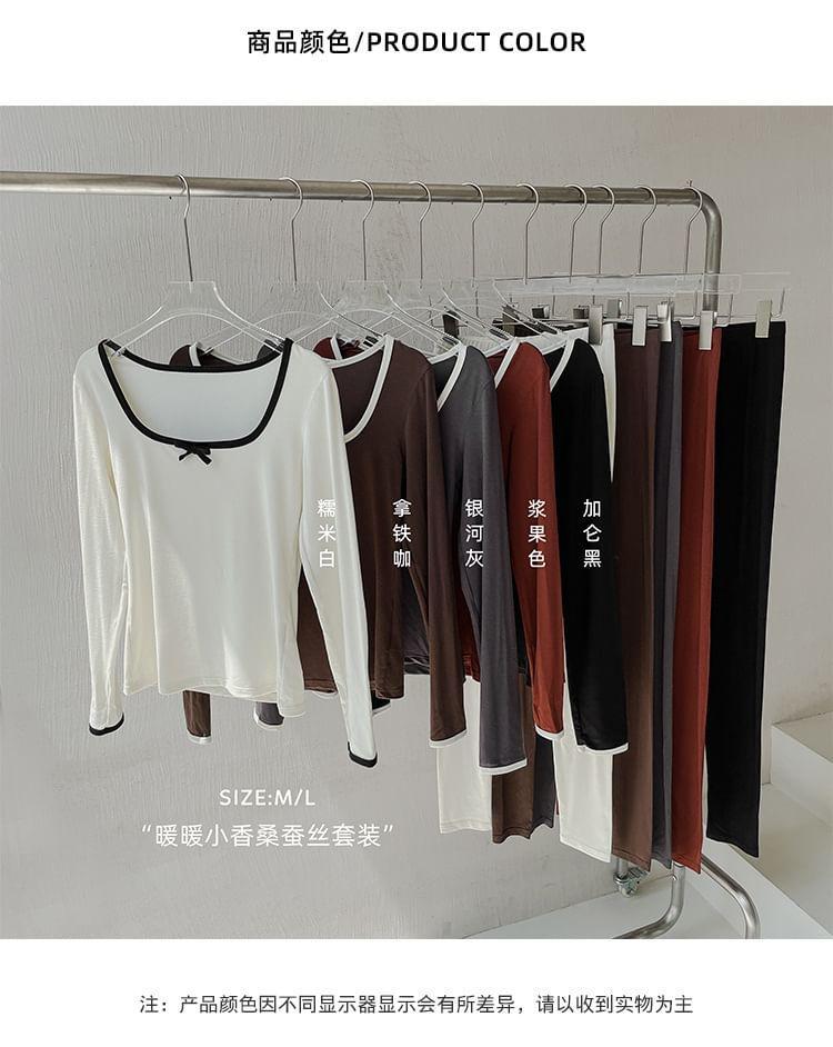 Pajama Set: Long-Sleeve Scoop Neck Plain Bow Pajama T-Shirt + Pants Product Image