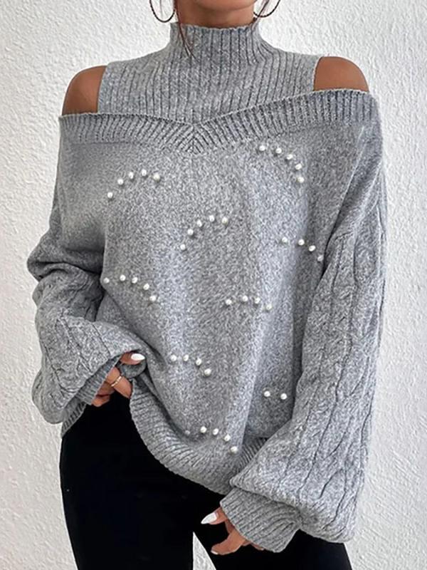 Long Sleeves Loose Beaded Hollow High Neck Sweater Tops Product Image