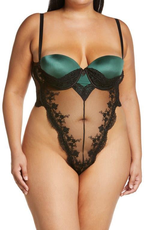 Oh La La Cheri Paulette Lace Trim Satin Thong Bodysuit Product Image