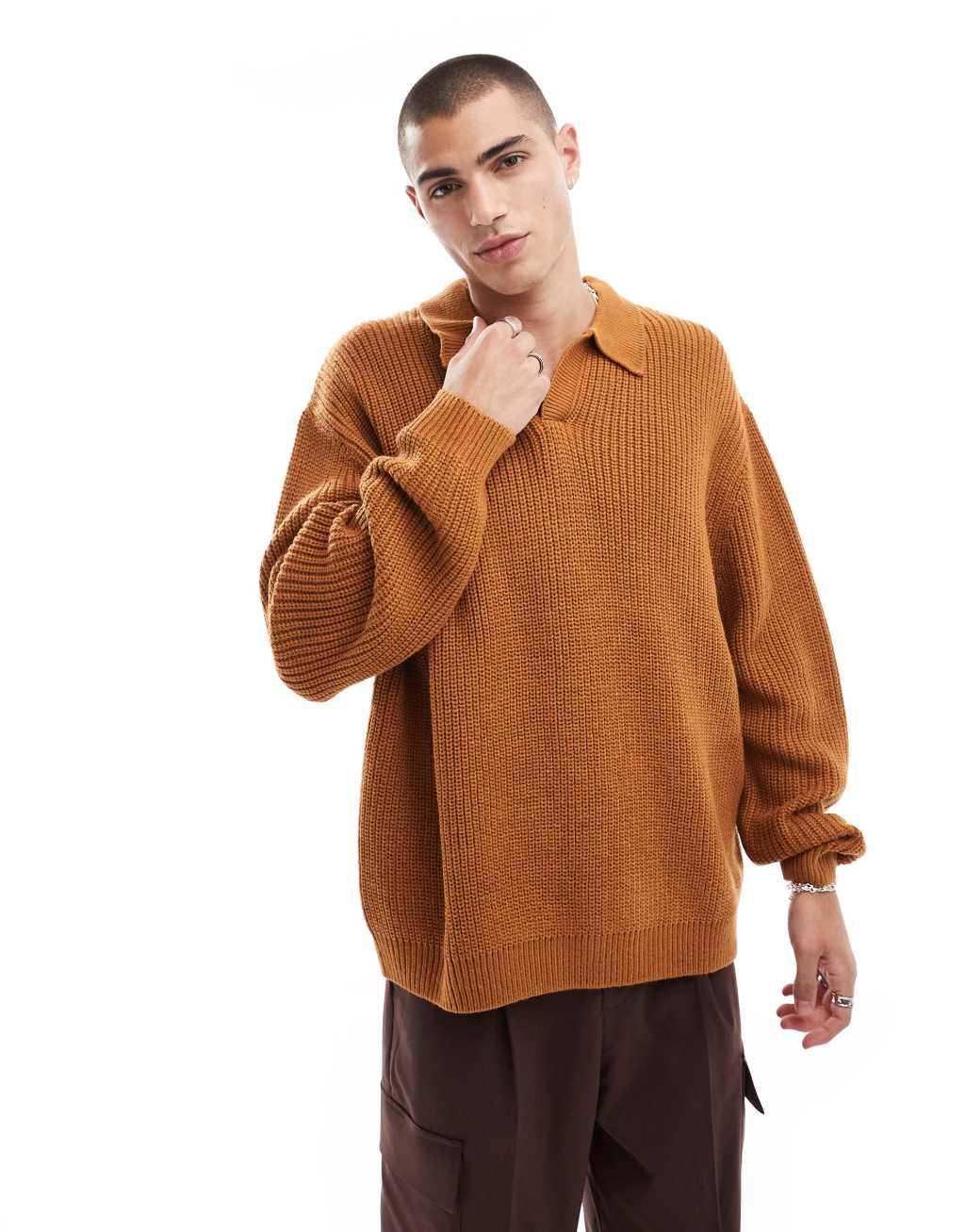 ASOS DESIGN oversized knitted fisherman rib notch neck sweater in tan Product Image