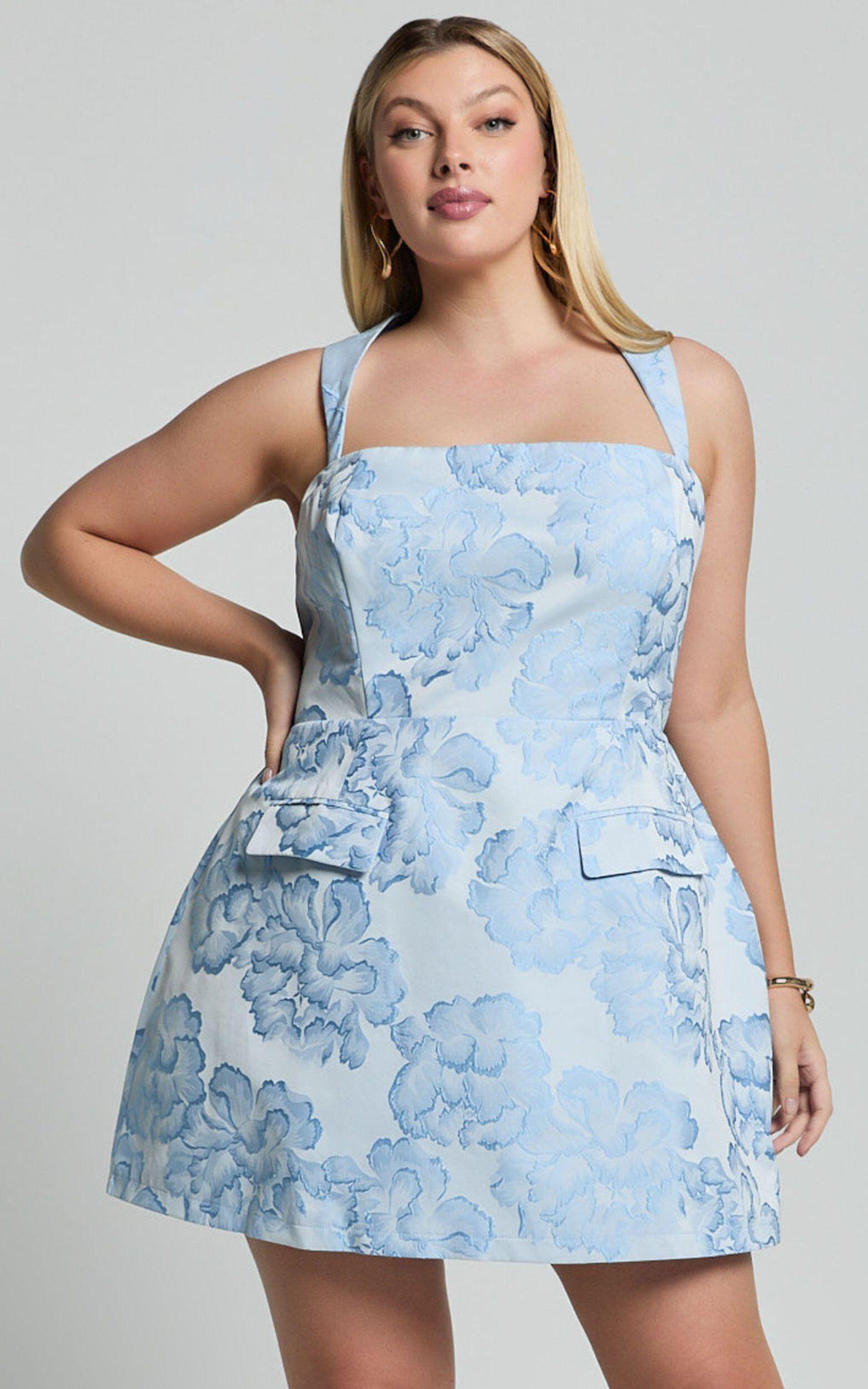 Kyra Mini Dress - Square Neck Open Back Jacquard Mini Dress in Light Blue Product Image