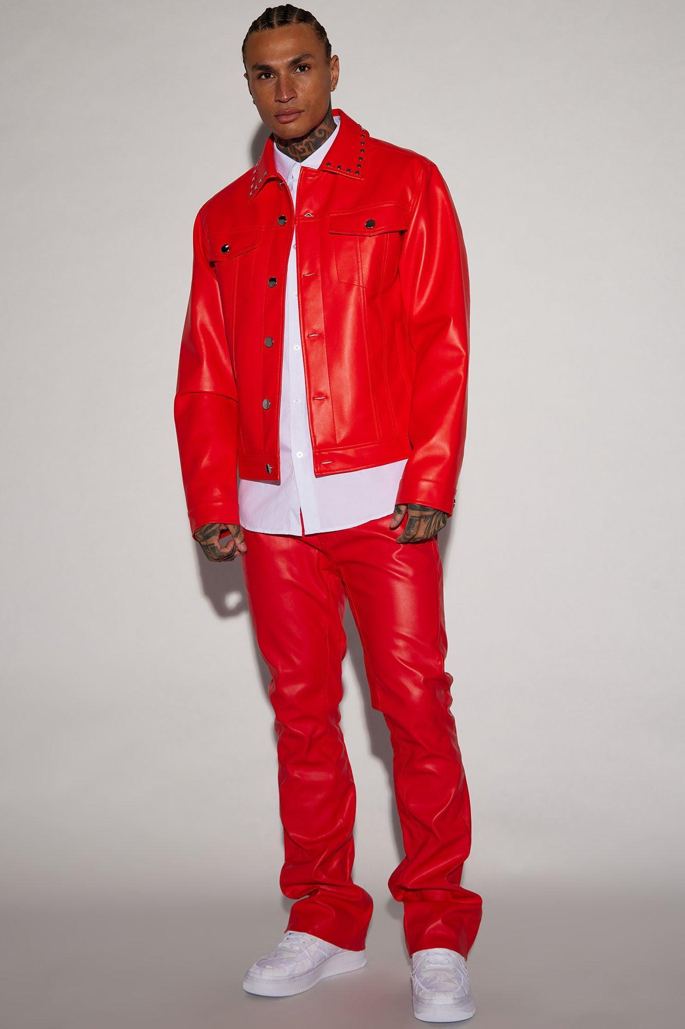 Faux Leather Studded Collar Trucker Jacket - Red Product Image