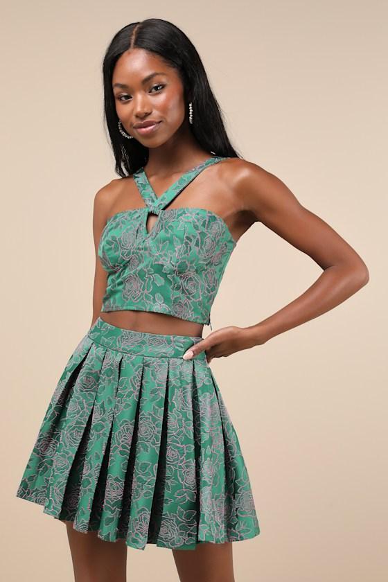 Unique Inspiration Green and Pink Floral Pleated Mini Skirt Product Image