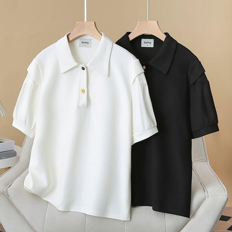 Plus Size Short-Sleeve Plain Panel Polo Shirt Product Image