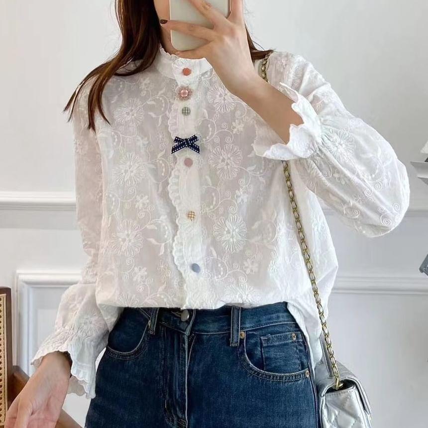 Long-Sleeve Flower Embroidered Lace Trim Shirt Product Image