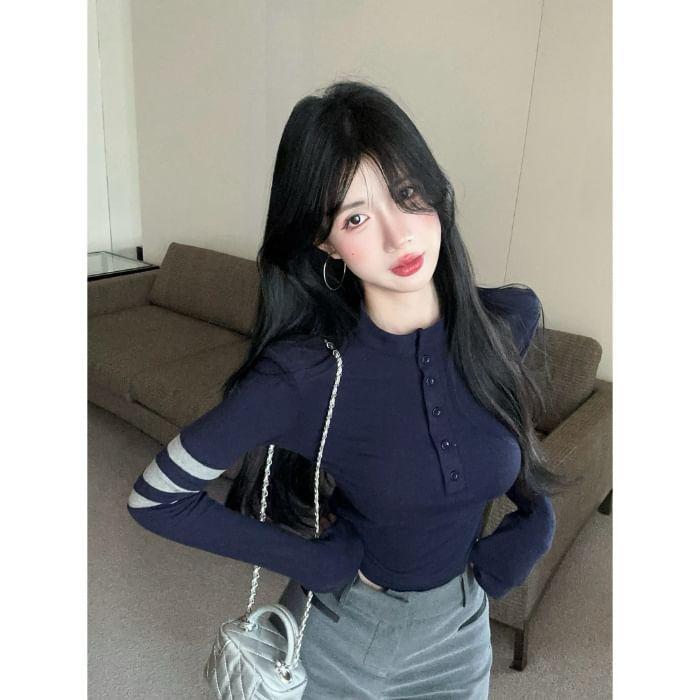 Long Sleeve Half-Button Striped Slim-Fit Knit Top Product Image