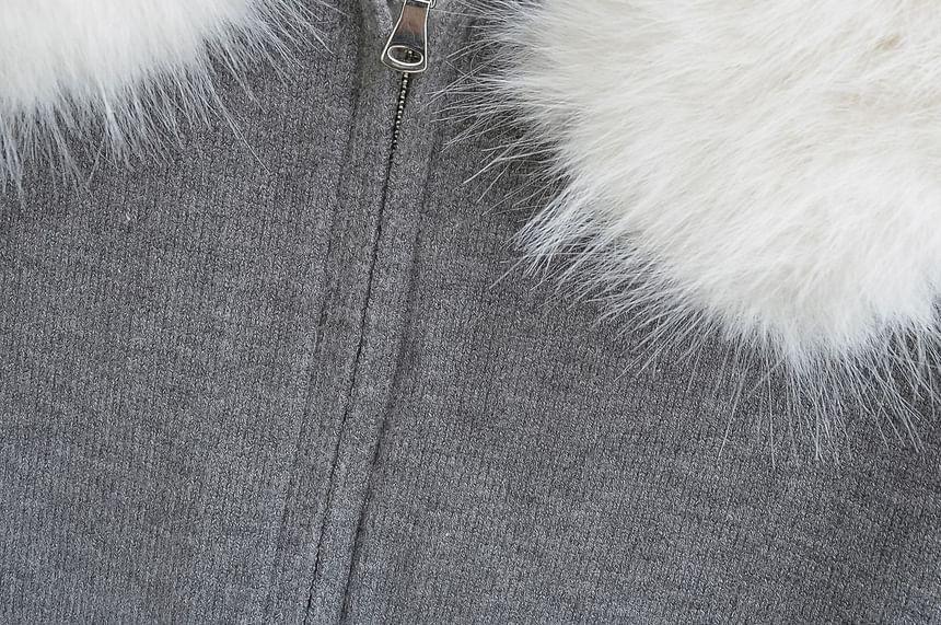 Hood Fluffy Trim Zip Cardigan Product Image