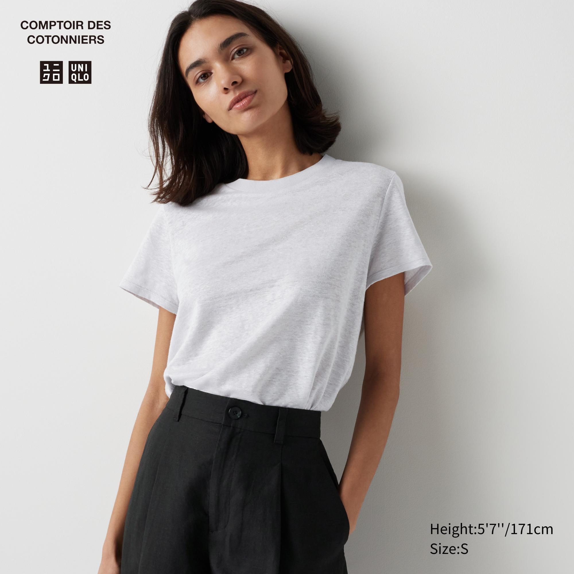 Womens Linen Crew Neck Short-Sleeve T-Shirt Light Gray XL UNIQLO US product image