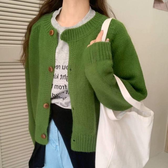 Round Neck Plain Cardigan Product Image