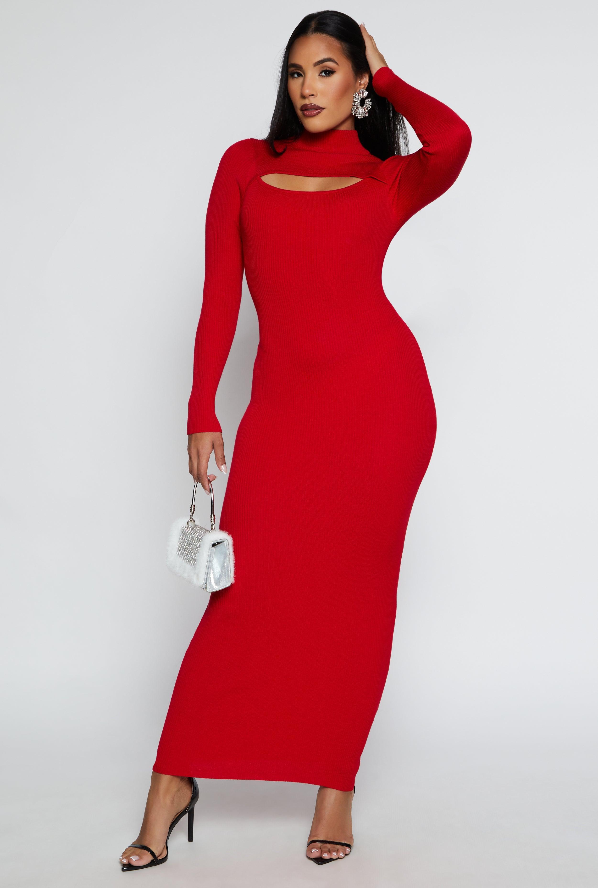 Womens Ribbed Knit Cut Out Long Sleeve Maxi Dress Product Image