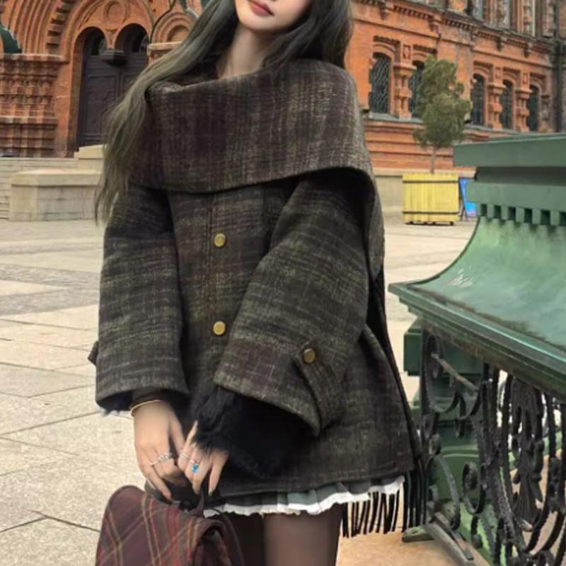 Long Sleeve Checked Poncho Designed Wool Coat Product Image