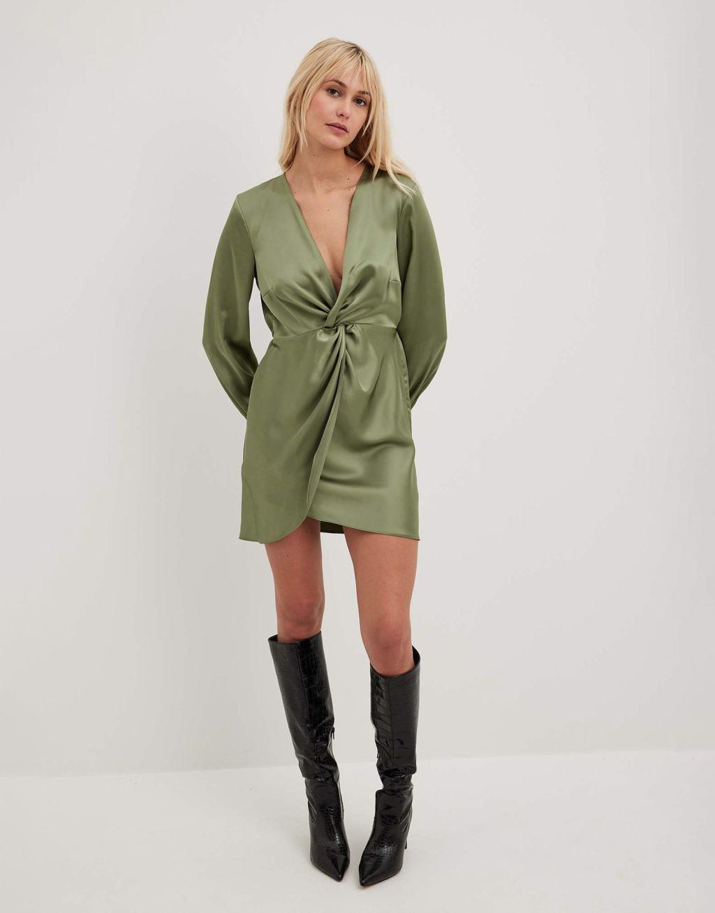 NA-KD twist front satin mini dress in green Product Image