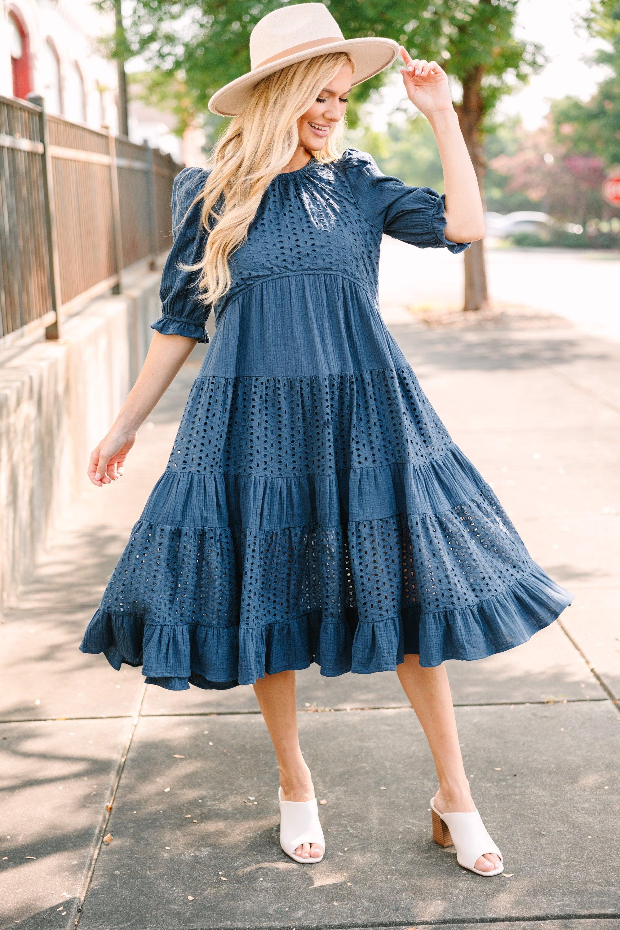 Making Moves Navy Blue Eyelet Midi Dress Female Product Image